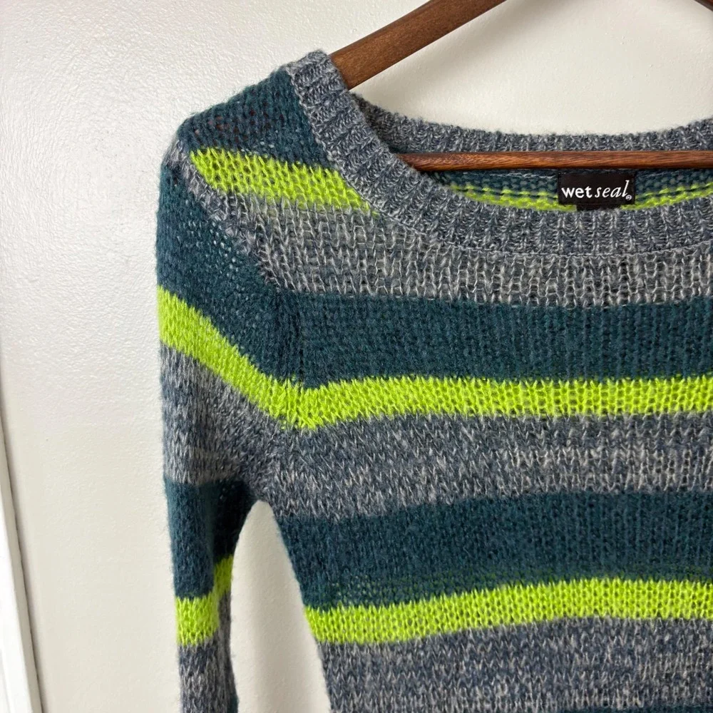 Vintage Y2K Sweater Bella Swan Green Gray‎ Stripe Womens XS Long Sleeves Knit